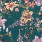 Tapeta 37701-2 Jungle Chic AS Creation ciemnozielona z motywem kolibra i kwiatu - niebieski, żółty, zielony