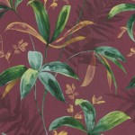 Tapeta 37704-3 Jungle Chic AS Creation ciemnoczerwona z zielonymi listkami w akwarelowym stylu - czerwień, zieleń, żółć