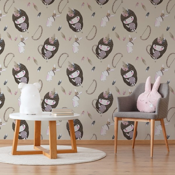 Tapeta Dziewczynki Z Króliczkami I Piórkami