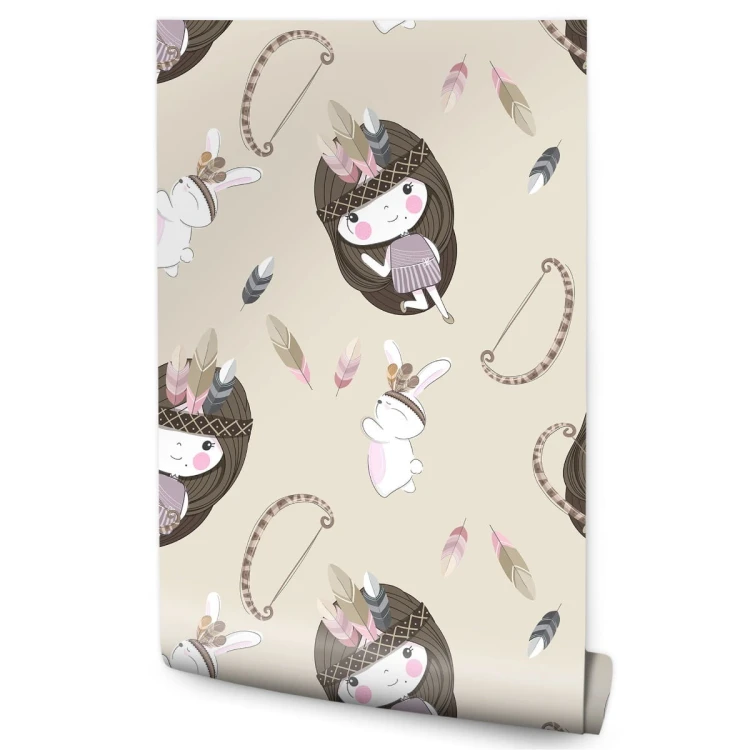 Tapeta Dziewczynki Z Króliczkami I Piórkami