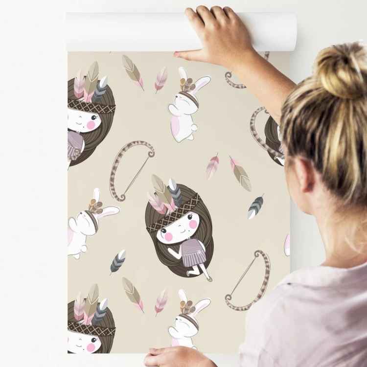 Tapeta Dziewczynki Z Króliczkami I Piórkami