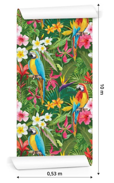 Tapeta Papugi, Tropikalne Liście I Kwiaty