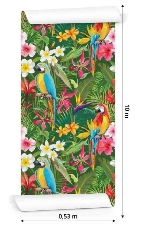 Tapeta Papugi, Tropikalne Liście I Kwiaty