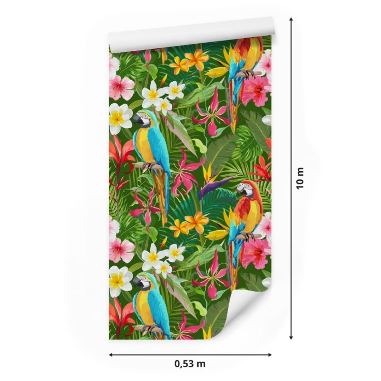 Tapeta Papugi, Tropikalne Liście I Kwiaty