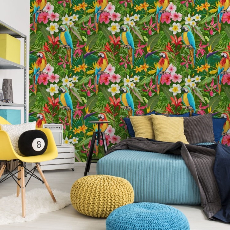 Tapeta Papugi, Tropikalne Liście I Kwiaty