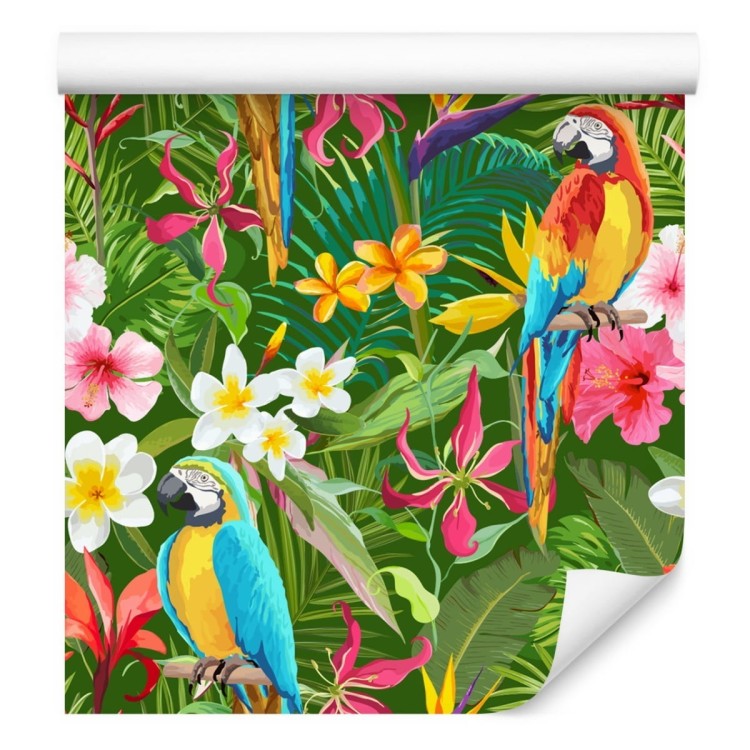Tapeta Papugi, Tropikalne Liście I Kwiaty