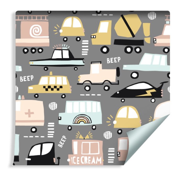 Tapeta Dla Dzieci - Kolorowe Samochody W Stylu Skandynawskim