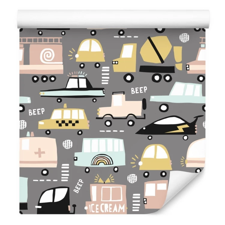 Tapeta Dla Dzieci - Kolorowe Samochody W Stylu Skandynawskim