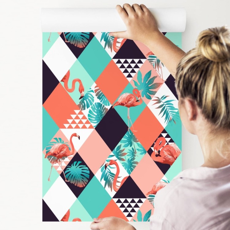 Tapeta Flamingi I Liście Tropikalne