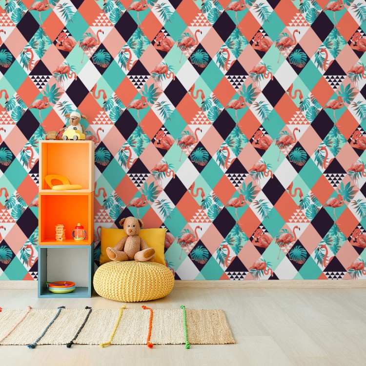 Tapeta Flamingi I Liście Tropikalne