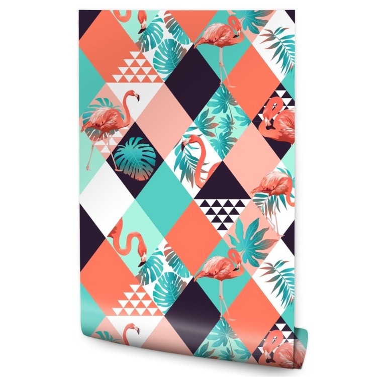 Tapeta Flamingi I Liście Tropikalne