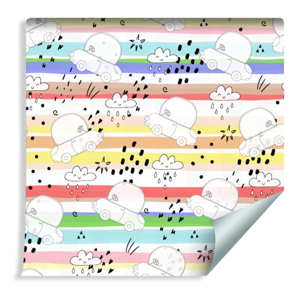 Tapeta Dla Dzieci - Białe Autka Na Tle Tęczowych Pasków