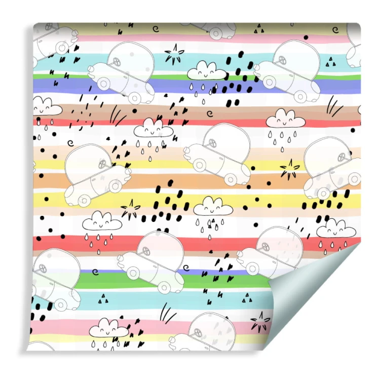 Tapeta Dla Dzieci - Białe Autka Na Tle Tęczowych Pasków