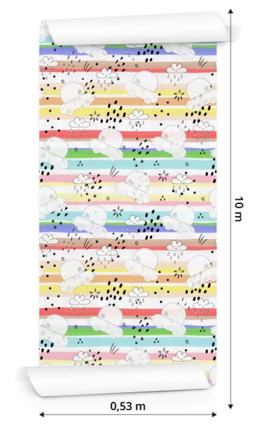 Tapeta Dla Dzieci - Białe Autka Na Tle Tęczowych Pasków