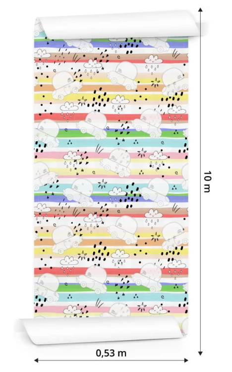 Tapeta Dla Dzieci - Białe Autka Na Tle Tęczowych Pasków