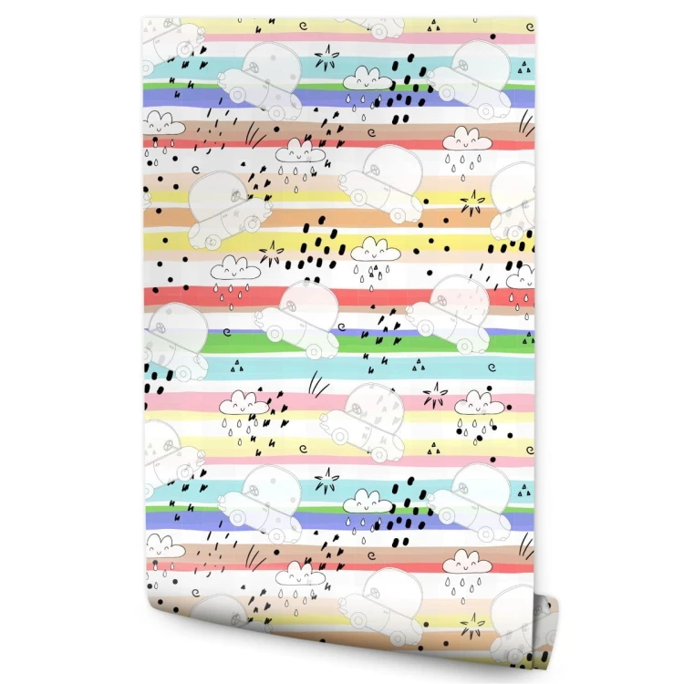 Tapeta Dla Dzieci - Białe Autka Na Tle Tęczowych Pasków