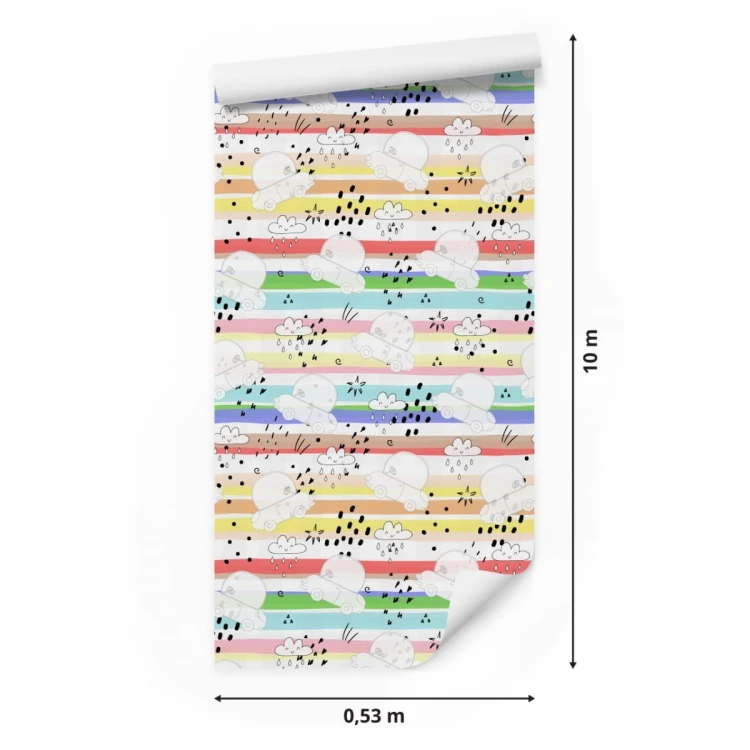 Tapeta Dla Dzieci - Białe Autka Na Tle Tęczowych Pasków