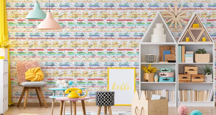 Tapeta Dla Dzieci - Białe Autka Na Tle Tęczowych Pasków