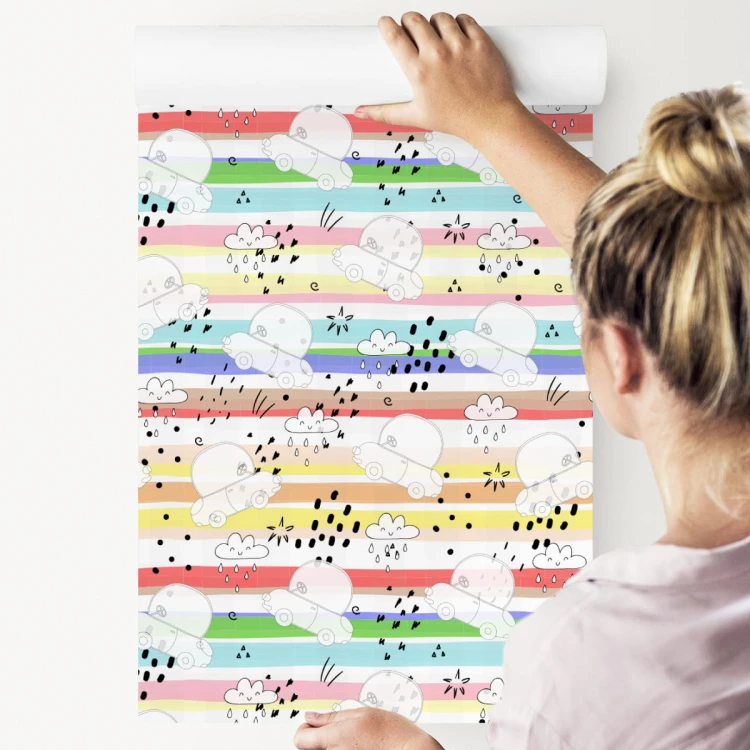 Tapeta Dla Dzieci - Białe Autka Na Tle Tęczowych Pasków