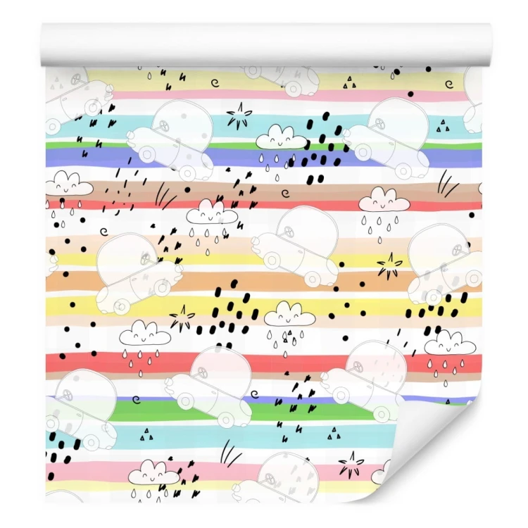 Tapeta Dla Dzieci - Białe Autka Na Tle Tęczowych Pasków