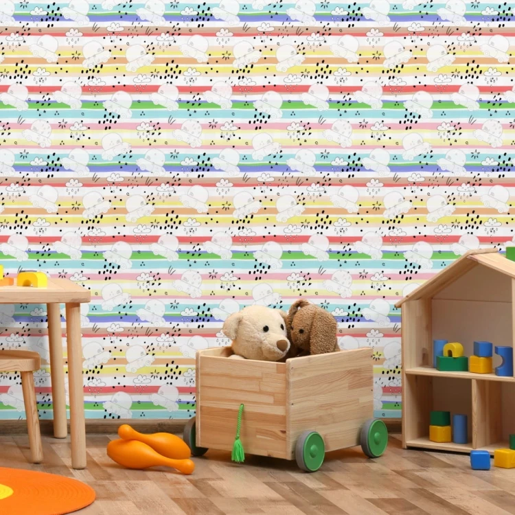 Tapeta Dla Dzieci - Białe Autka Na Tle Tęczowych Pasków