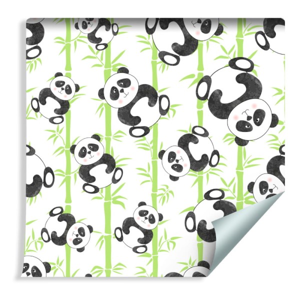 Tapeta Dla Dzieci - Uśmiechnięte Misie Panda I Bambusy