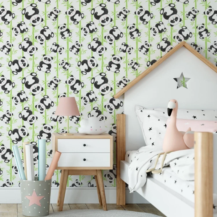 Tapeta Dla Dzieci - Uśmiechnięte Misie Panda I Bambusy