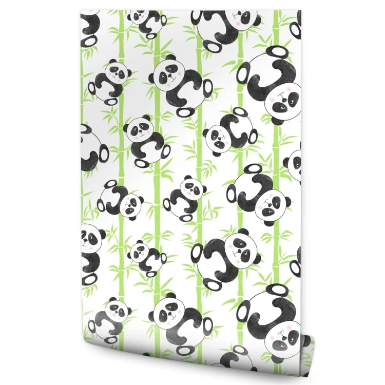 Tapeta Dla Dzieci - Uśmiechnięte Misie Panda I Bambusy