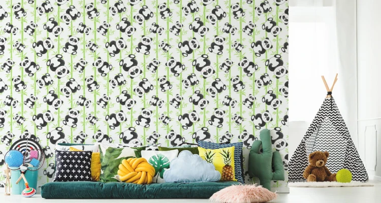 Tapeta Dla Dzieci - Uśmiechnięte Misie Panda I Bambusy