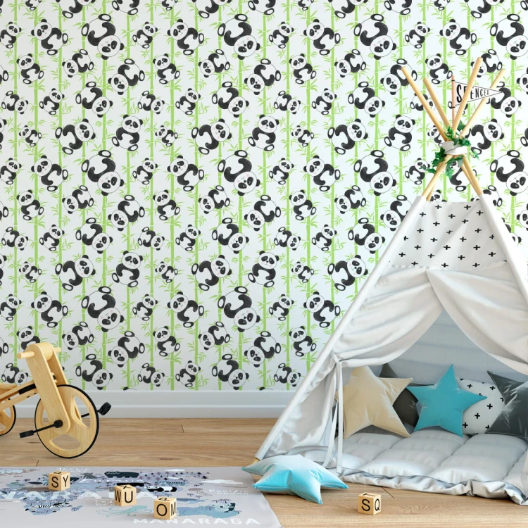 Tapeta Dla Dzieci - Uśmiechnięte Misie Panda I Bambusy