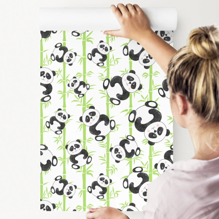 Tapeta Dla Dzieci - Uśmiechnięte Misie Panda I Bambusy