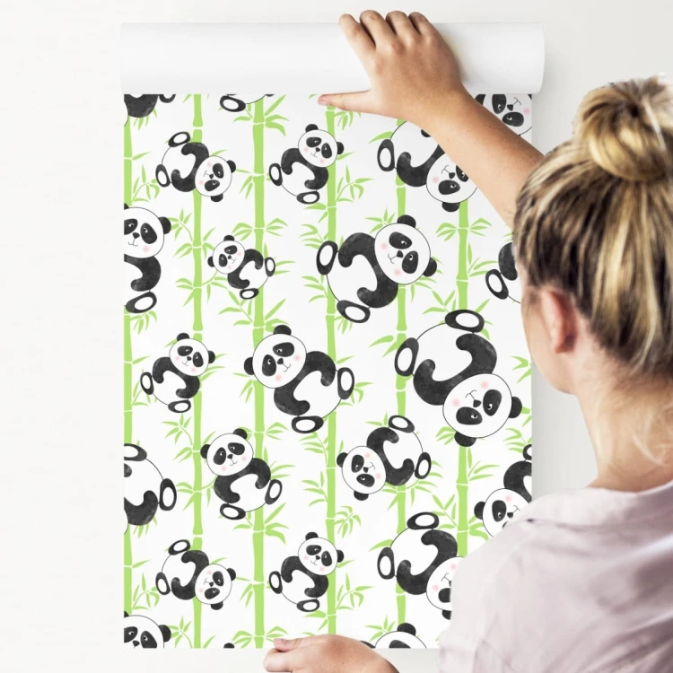 Tapeta Dla Dzieci - Uśmiechnięte Misie Panda I Bambusy