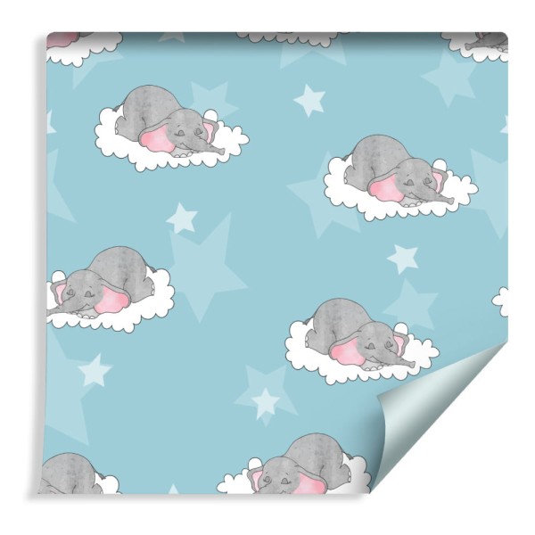 Tapeta Dla Dzieci-Śpiące Słoniki W Chmurach