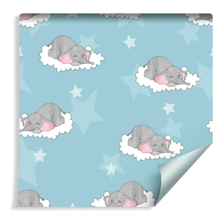 Tapeta Dla Dzieci-Śpiące Słoniki W Chmurach