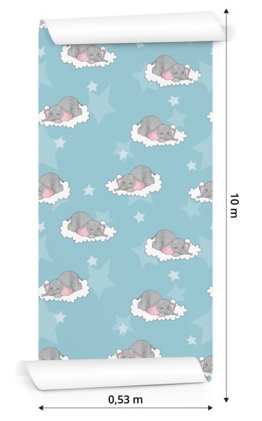 Tapeta Dla Dzieci-Śpiące Słoniki W Chmurach