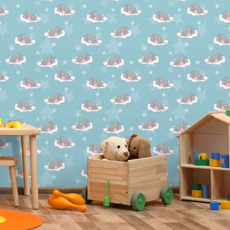 Tapeta Dla Dzieci-Śpiące Słoniki W Chmurach