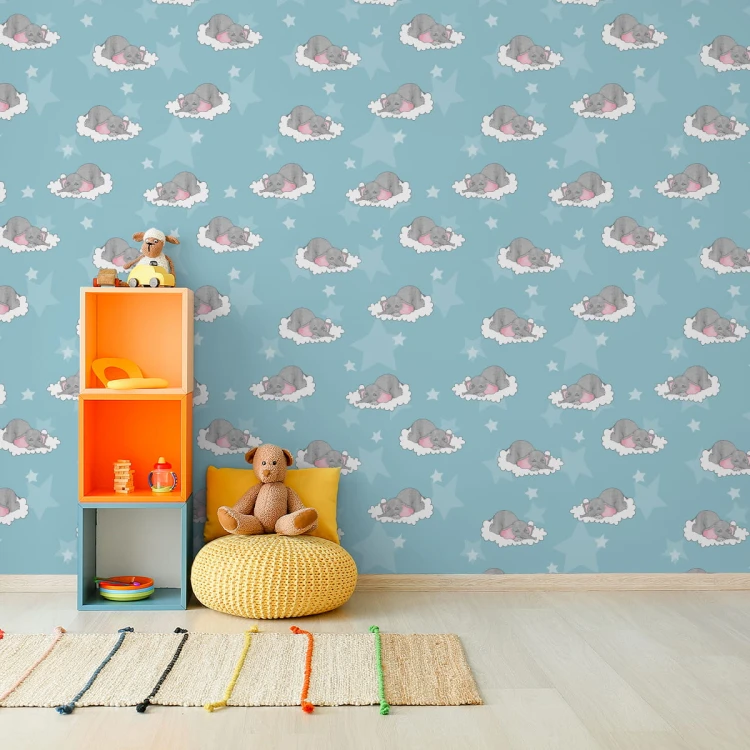 Tapeta Dla Dzieci-Śpiące Słoniki W Chmurach