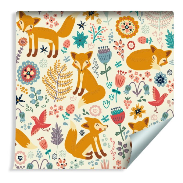 Tapeta Dla Dzieci - Lisy, Ptaki I Kwiaty