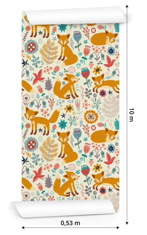 Tapeta Dla Dzieci - Lisy, Ptaki I Kwiaty