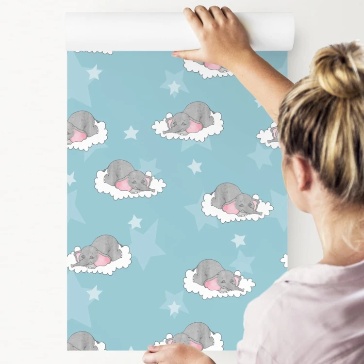 Tapeta Dla Dzieci-Śpiące Słoniki W Chmurach