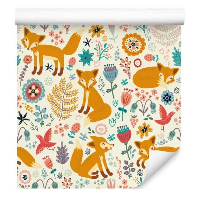Tapeta Dla Dzieci - Lisy, Ptaki I Kwiaty