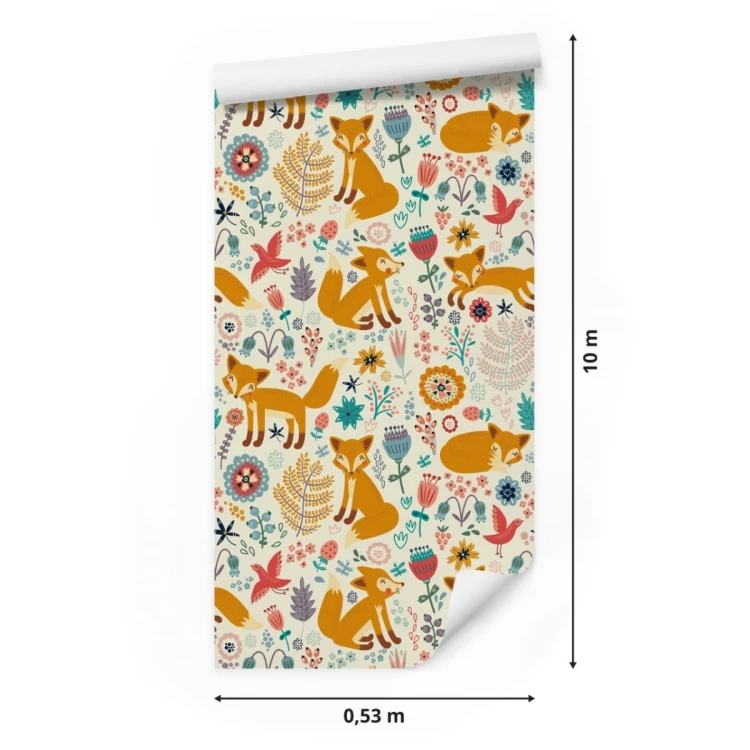 Tapeta Dla Dzieci - Lisy, Ptaki I Kwiaty