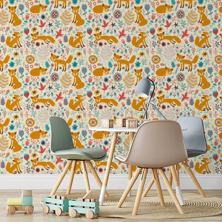 Tapeta Dla Dzieci - Lisy, Ptaki I Kwiaty