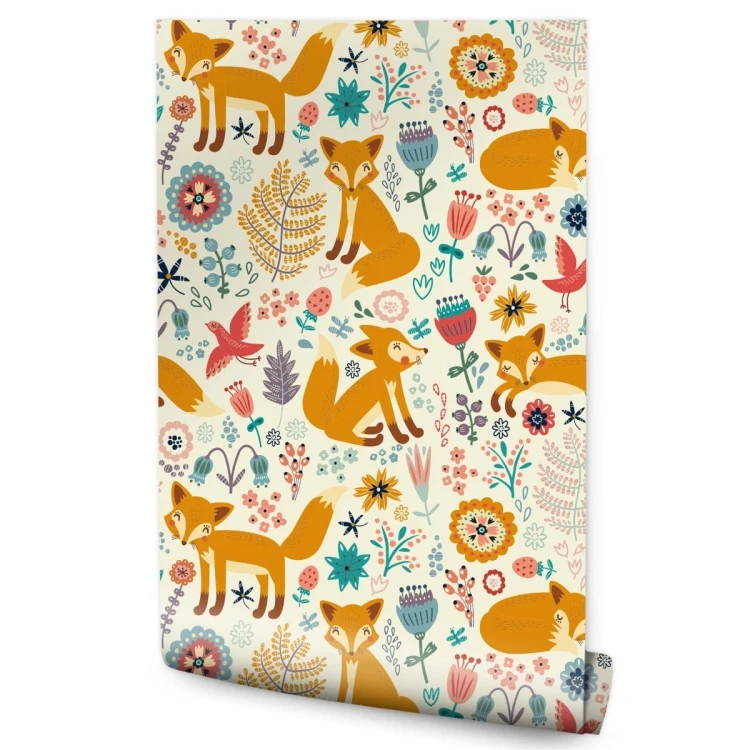 Tapeta Dla Dzieci - Lisy, Ptaki I Kwiaty