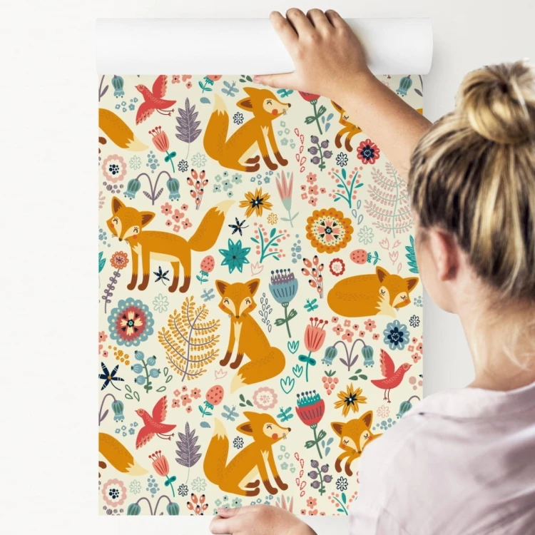 Tapeta Dla Dzieci - Lisy, Ptaki I Kwiaty