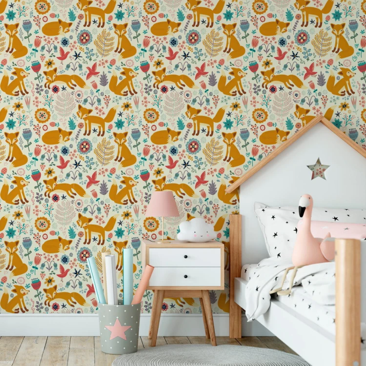 Tapeta Dla Dzieci - Lisy, Ptaki I Kwiaty