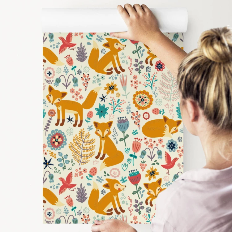 Tapeta Dla Dzieci - Lisy, Ptaki I Kwiaty