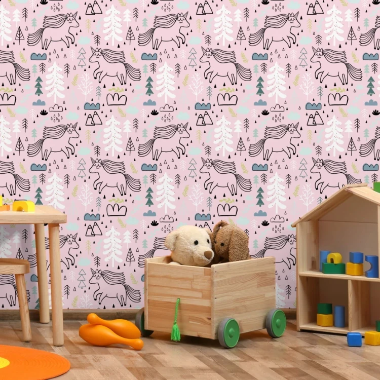 Tapeta Dla Dzieci - Jednorożce Na Tle Gór, Drzew I Chmur