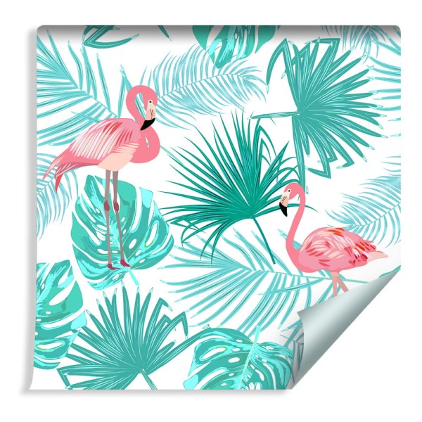 Tapeta Liście Tropikalne Flamingi