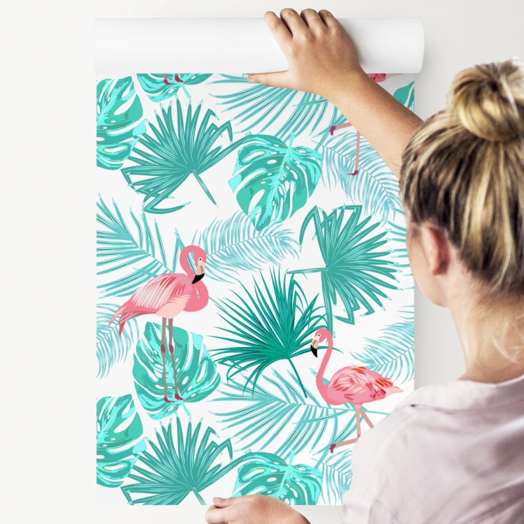 Tapeta Liście Tropikalne Flamingi